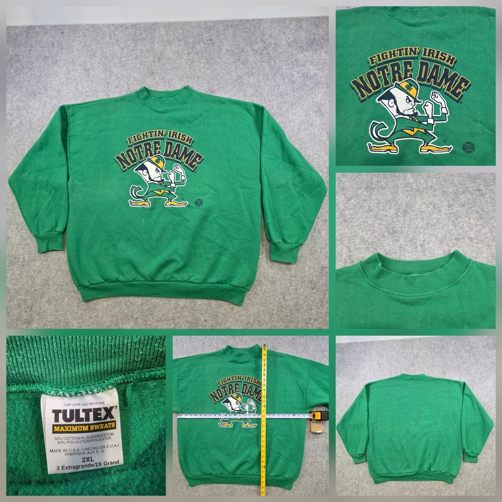 Vintage Notre Dame Fighting Irish Sweatshirt Mens 2XL Green NCAA Football Tultex